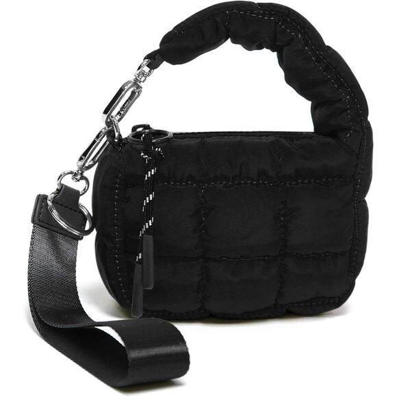 Women's Black Mini Quilted Wristlet Pouch Cute Charm Gift Puffer Evening Handbag - Picture 1 of 7